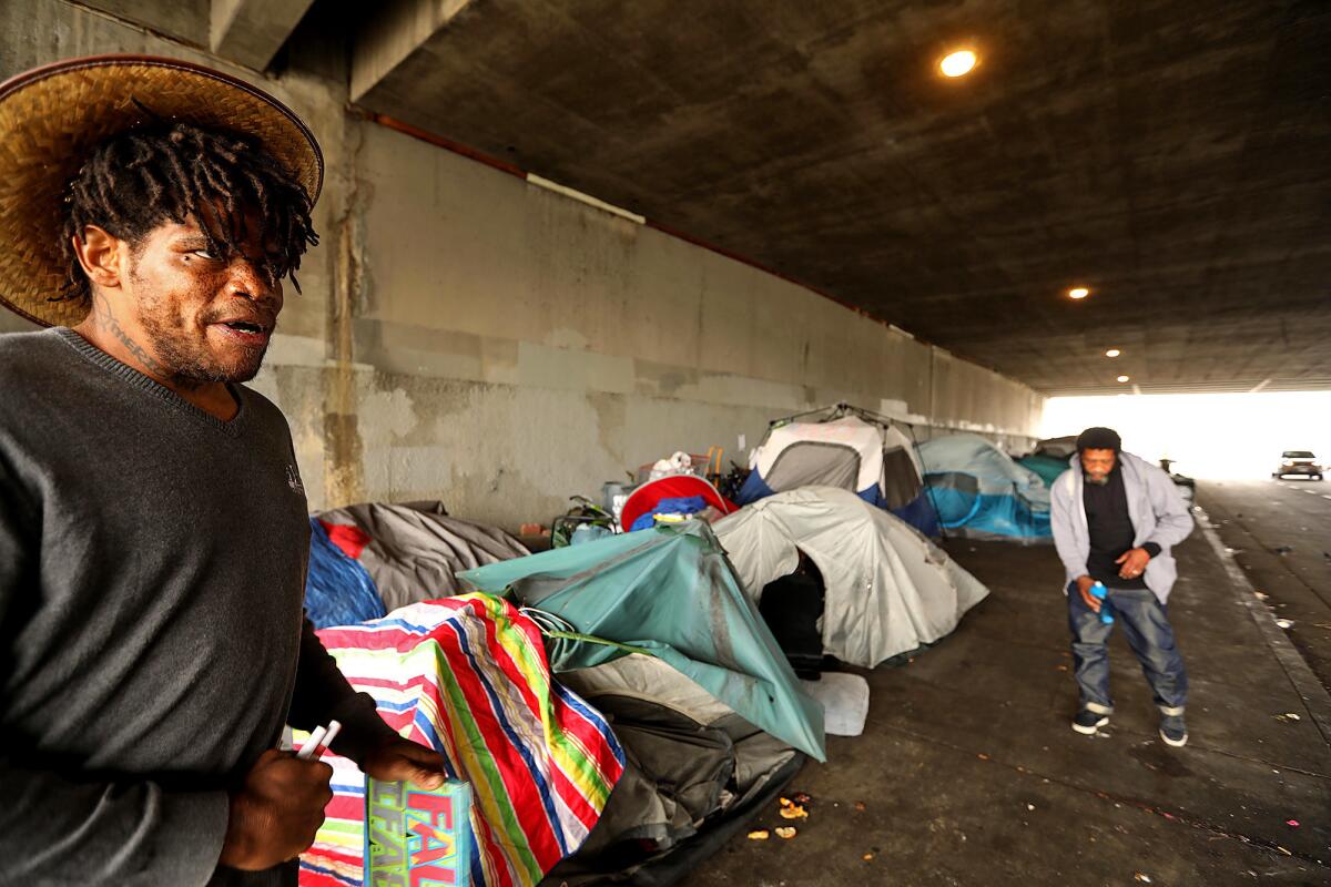 Circus, 41, left, and Roscoe Bradley, 51, live in an encampment with other homeless people under the 405 Freeway on Venice Boulevard in Los Angeles.
