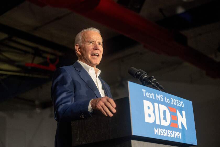 Democratic presidential candidate Joe Biden speaks during a rally at Tougaloo College in Tougaloo, Mississippi on March 8, 2020. (Photo by Emily Kask / AFP) (Photo by EMILY KASK/AFP via Getty Images)