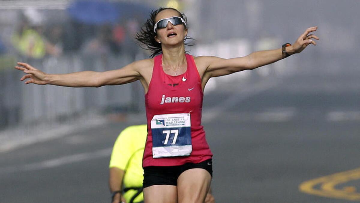 Julia Budniak nears the finish line of the L.A. Marathon.