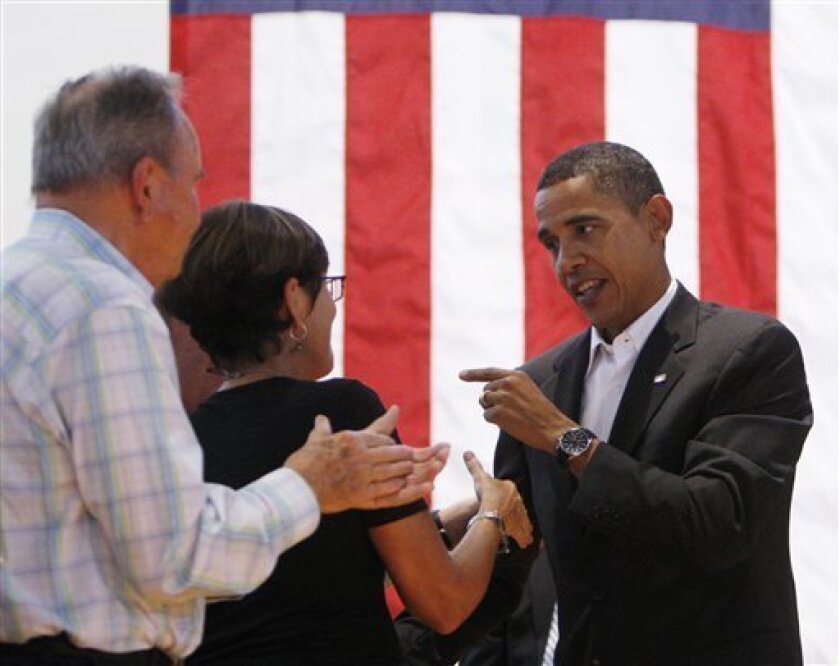 Democratic presidential candidate Sen. Barack Obama, D-Ill., arrives for a town hall meeting at Lebanon High School in Lebanon, Va., Tuesday, Sept. 9, 2008. (AP Photo/Chris Carlson)