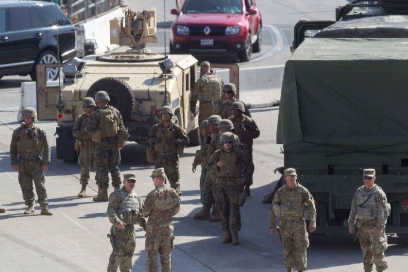 SAN DIEGO, CA.- NOVEMBER 8, 2018,- U.S. Army Military Police from Fort Bliss Texas have shown up at the San Ysidro port of entry to support Border Patrol after President Trump has said he fears an invasion of Hondurans arriving in coming weeks. PHOTO/JOHN GIBBINS Staff photographer, San Diego Union-Tribune. ©2018