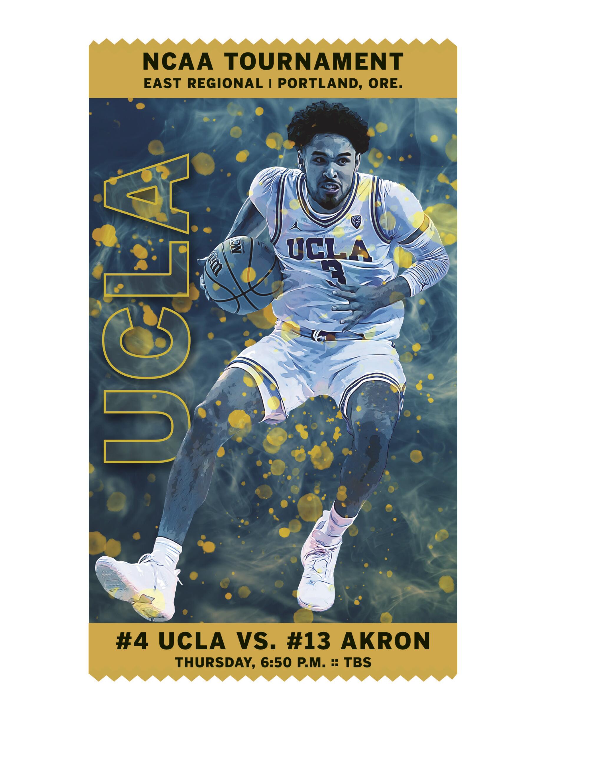 A UCLA basketball player is featured on a poster with information about its next game against Akron