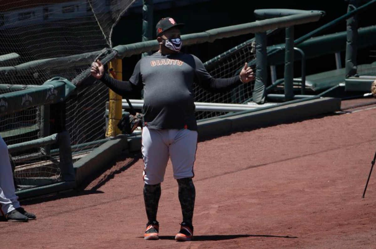 Pablo Sandoval de los Gigantes de San Francisco durante una práctica del equipo en San Francisco.