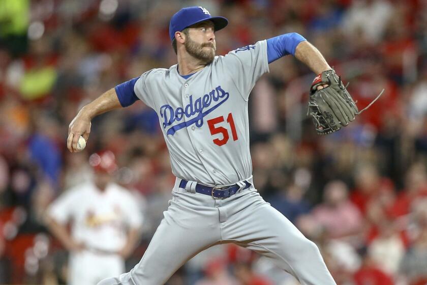 Los Angeles Dodgers relief pitcher Dylan Floro (51) pitches during the fourth inning of a baseball game against the St. Louis Cardinals Monday, April 8, 2019, in St. Louis. (AP Photo/Scott Kane)