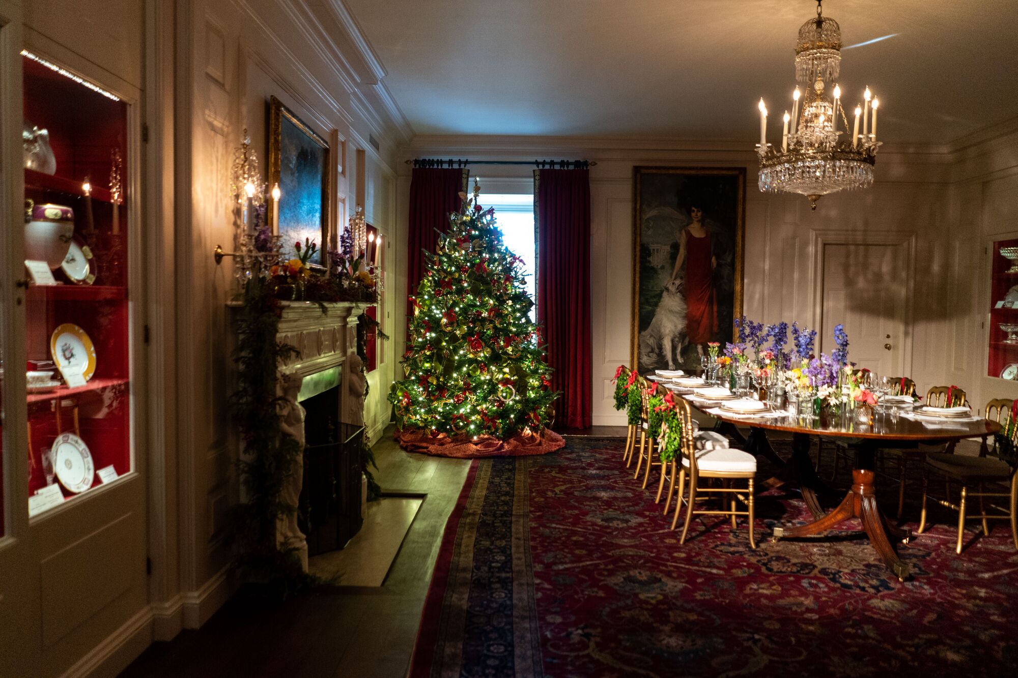 Christmas decorations can be seen throughout the China Room.