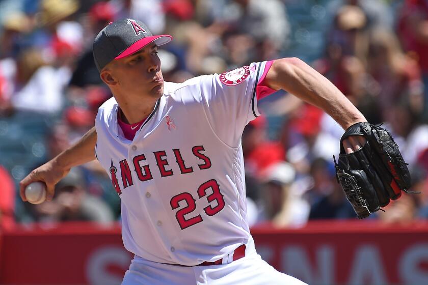 ANAHEIM, CA - MAY 14: Alex Meyer #23 of the Los Angeles Angels in the fifth inning of the game against the Detroit Tigers at Angel Stadium of Anaheim on May 14, 2017 in Anaheim, California. Players are wearing pink to celebrate Mother's Day weekend and support breast cancer awareness.(Photo by Jayne Kamin-Oncea/Getty Images) ** OUTS - ELSENT, FPG, CM - OUTS * NM, PH, VA if sourced by CT, LA or MoD **