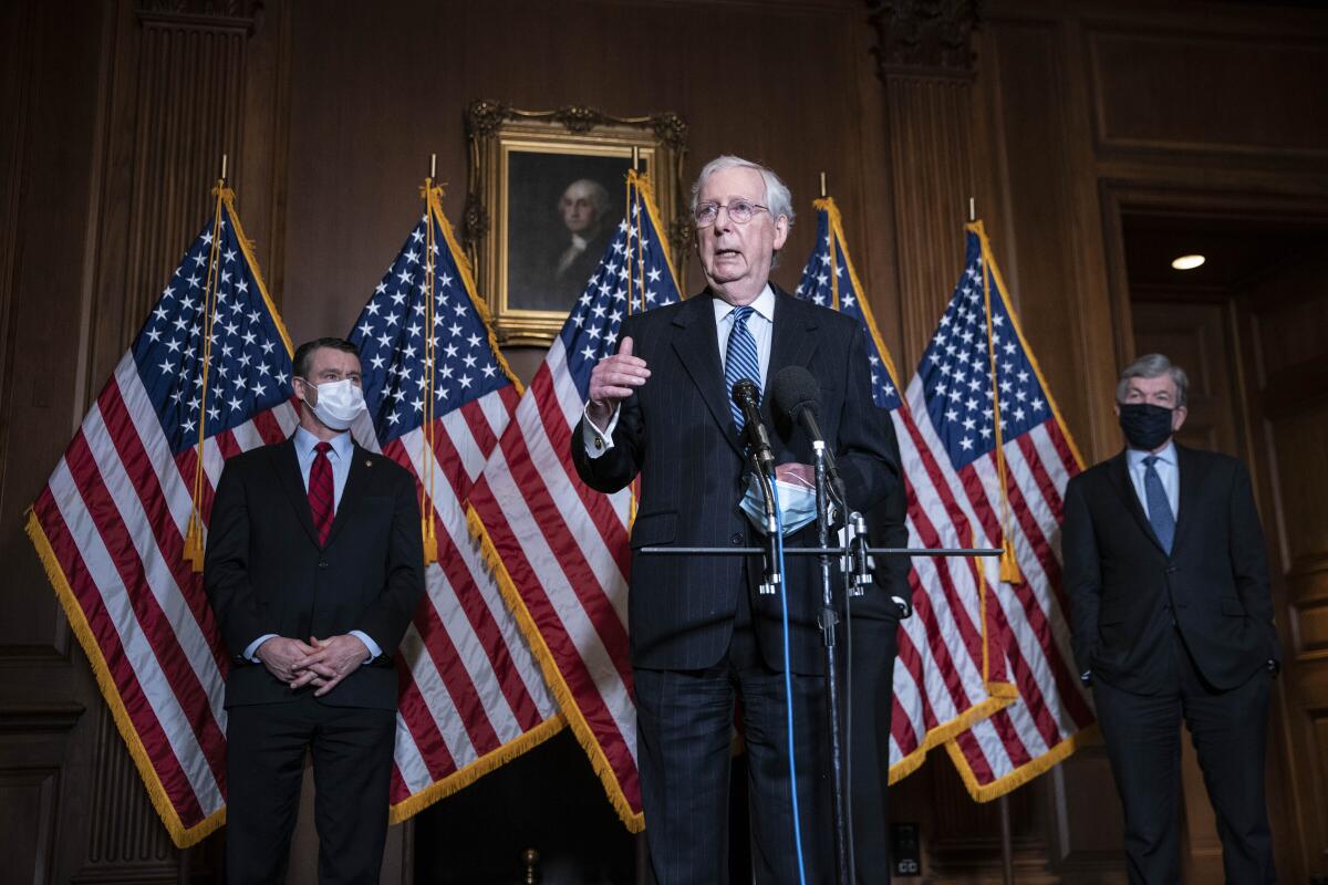 Senate Majority Leader Mitch McConnell of Kentucky speaks during a news conference