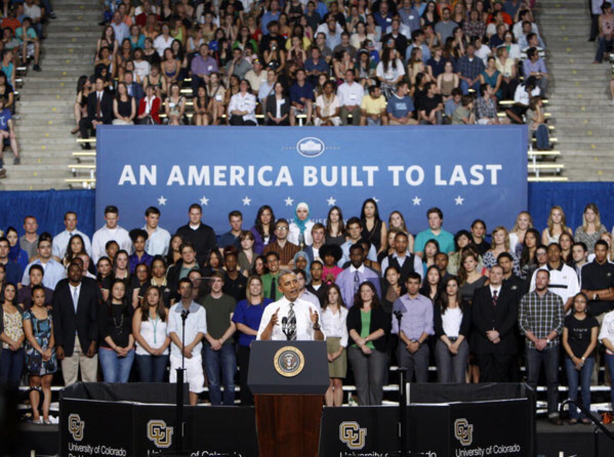 "We need to send a message to folks who don't seem to get this, that setting your sights lower -- that's not an education plan. You're on your own -- that's not an economic plan. We can't just cut our way to prosperity," President Obama said at the University of Colorado at Boulder.