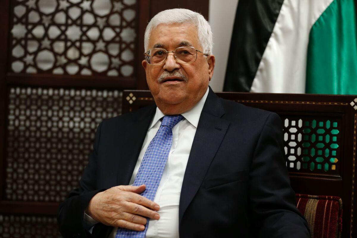 Palestinian Authority President Mahmoud Abbas meets with the Norwegian foreign minister in the West Bank city of Ramallah on Sept. 8.