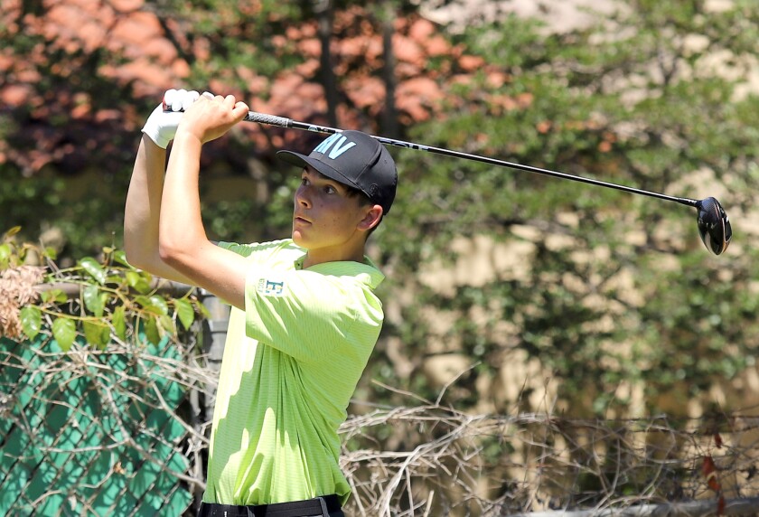 Edison's Dawson Kollar tees off during the CIF State boys' golf championship at the San Gabriel Country Club on Wednesday.