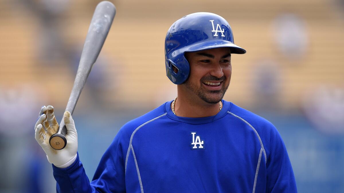 Dodgers first baseman Adrian Gonzalez smiles during batting practice before an April 7 game against the San Diego Padres at Dodger Stadium.