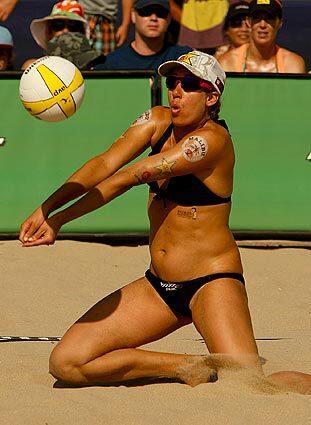 April Ross takes a shot in the Hermosa Beach Open women's final, which she and partner Jen Kessy won.