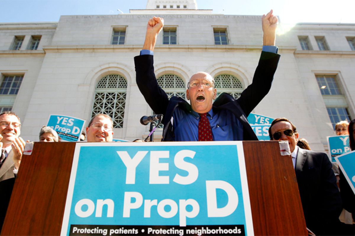 Bill Rosendahl speaks in April at a news conference on Proposition D, a medical marijuana measure that passed in May, as fellow supporters and fellow patients listen outside City Hall in downtown Los Angeles.