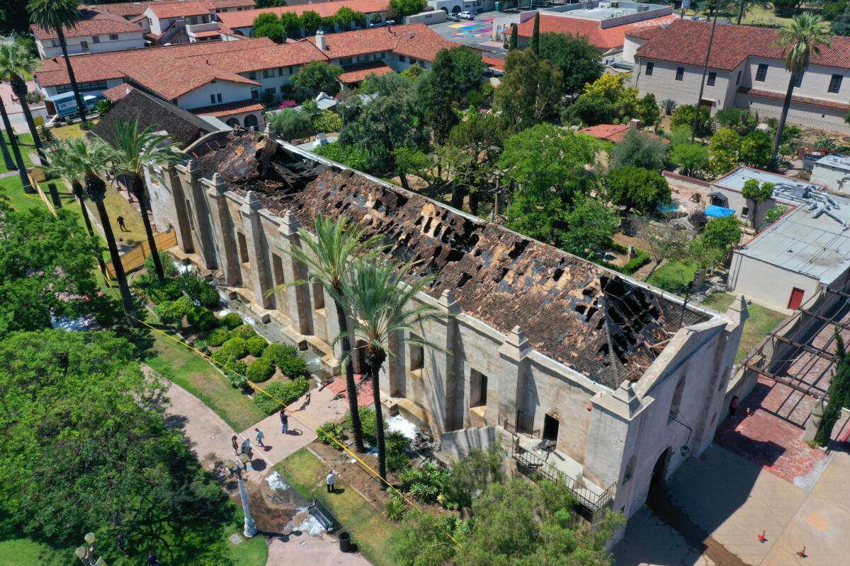 Fire destroyed the roof and gutted much of the interior of the church at the San Gabriel Mission in 2020.