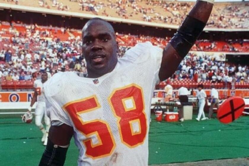 Kansas City Chiefs linebacker Derrick Thomas during his playing days in the NFL. 