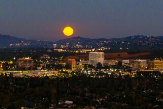 Supermoon seen rising above Warner Center and the San Fernando Valley from West Hills, CA August 19, 2024. (Brian van der Brug / Los Angeles Times)