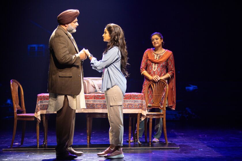 Irvine Iqbalv, Shoba Narayan and Rupal Pujara in the Old Globe's "Come Fall in Love – The DDLJ Musical."