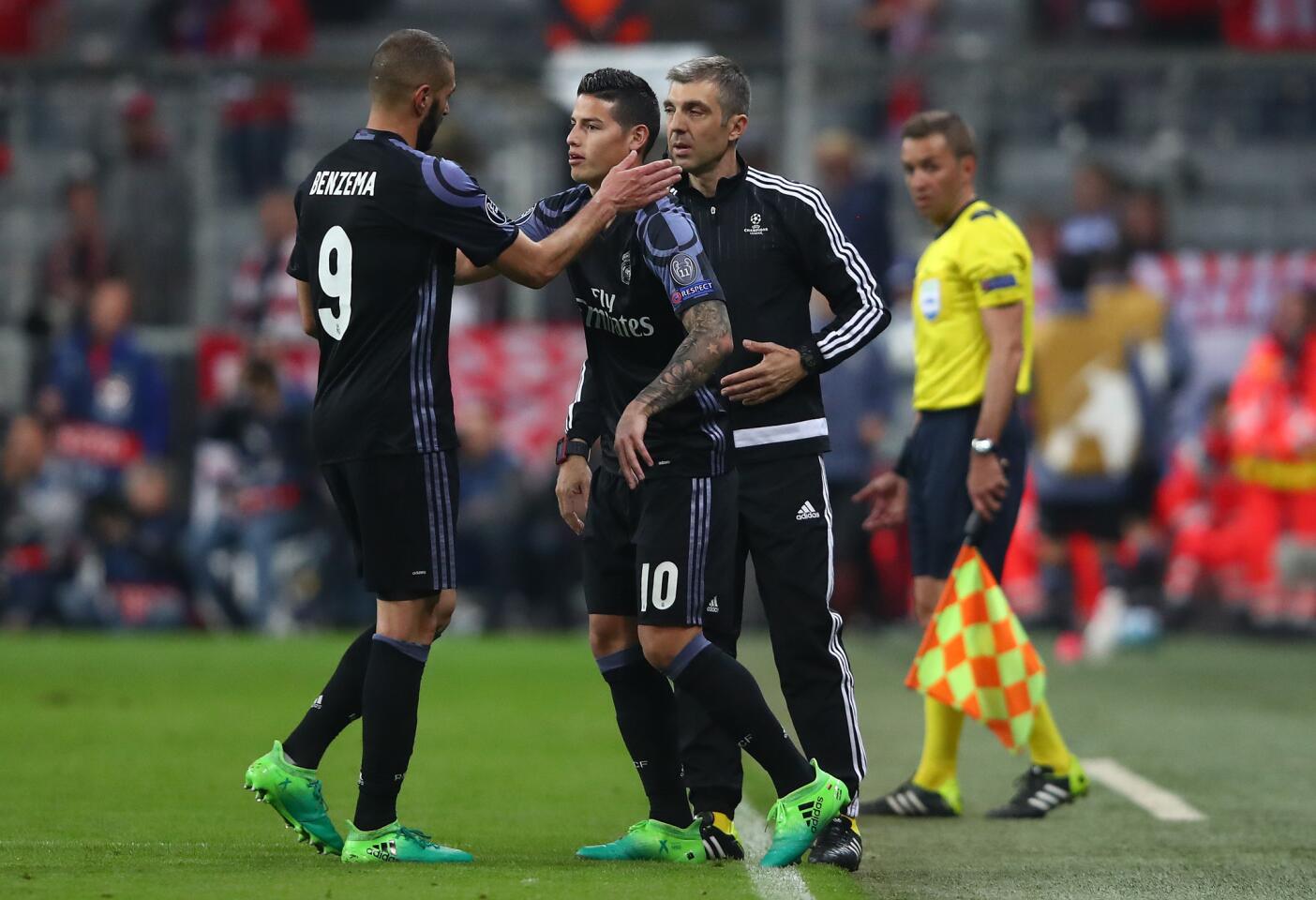 Real Madrid's James Rodriguez comes on as a substitute to replace Karim Benzema