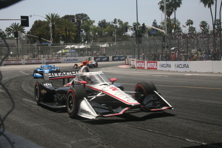 Josef Newgarden leads the field during the Long Beach Grand Prix on Sunday.