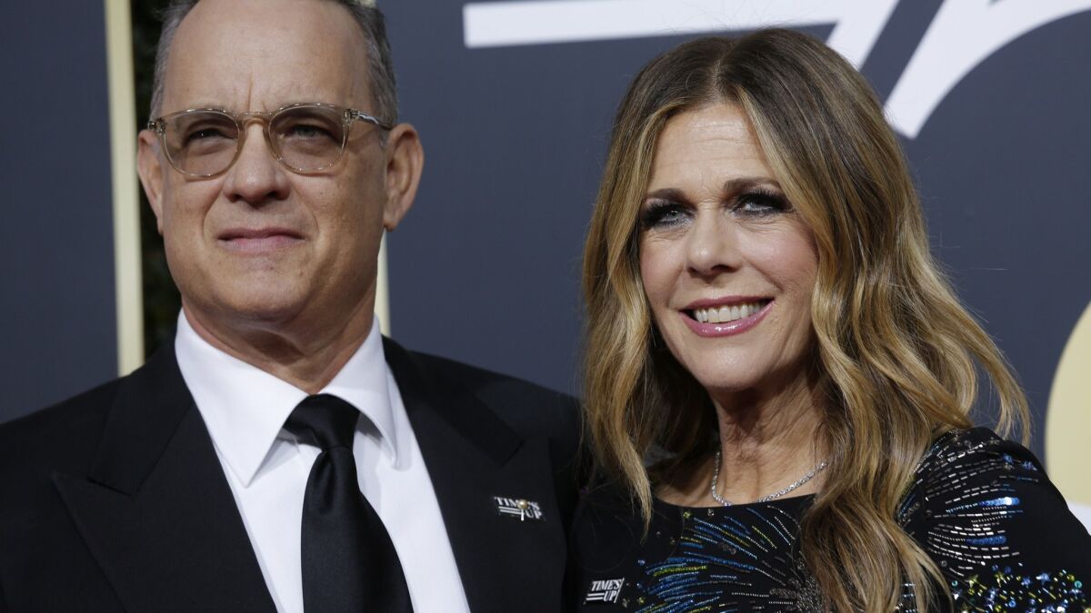 Tom Hanks and Rita Wilson arriving at the 75th Golden Globes at the Beverly Hilton Hotel Jan. 7. Both were slated to be in a Shakespeare Center of Los Angeles production of "Henry IV" this summer, but Wilson had to drop out.