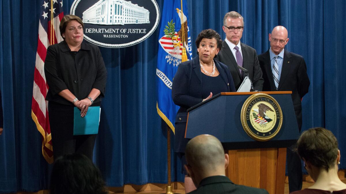 U.S. Atty. Loretta Lynch discusses the Malaysian money laundering investigation at a news conference last week.