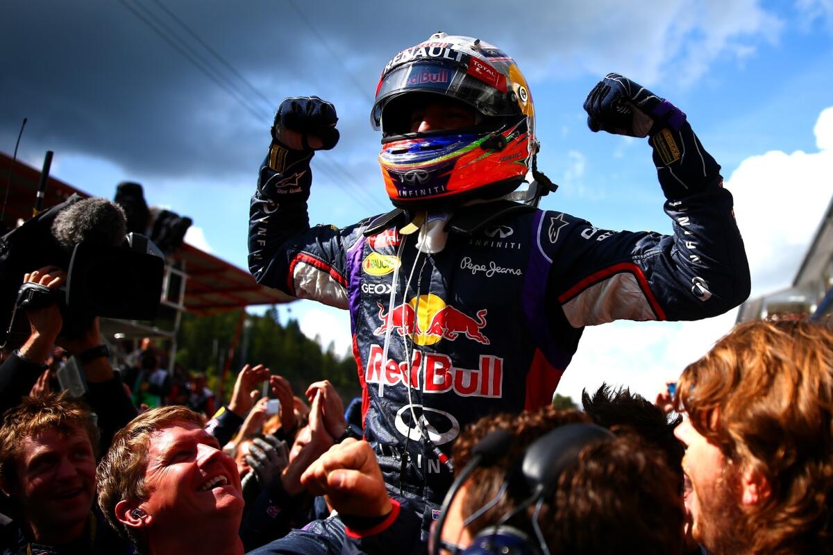 Daniel Ricciardo celebrates after winning the Belgian Grand Prix on Aug. 24. Ricciardo will try to win his third consecutive Formula One race on Sunday at the Italian Grand Prix.