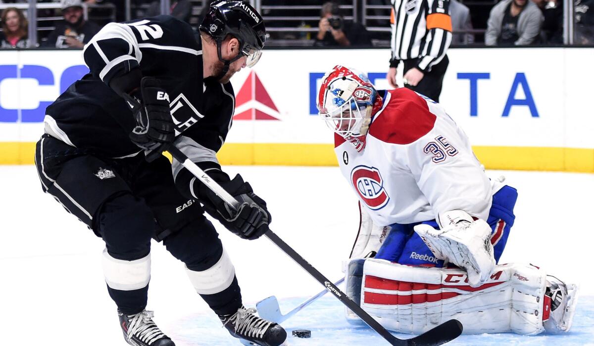 Kings right wing Marian Gaborik has a shot stopped by Canadiens goalie Dustin Tokarski in the second period Thursday night.