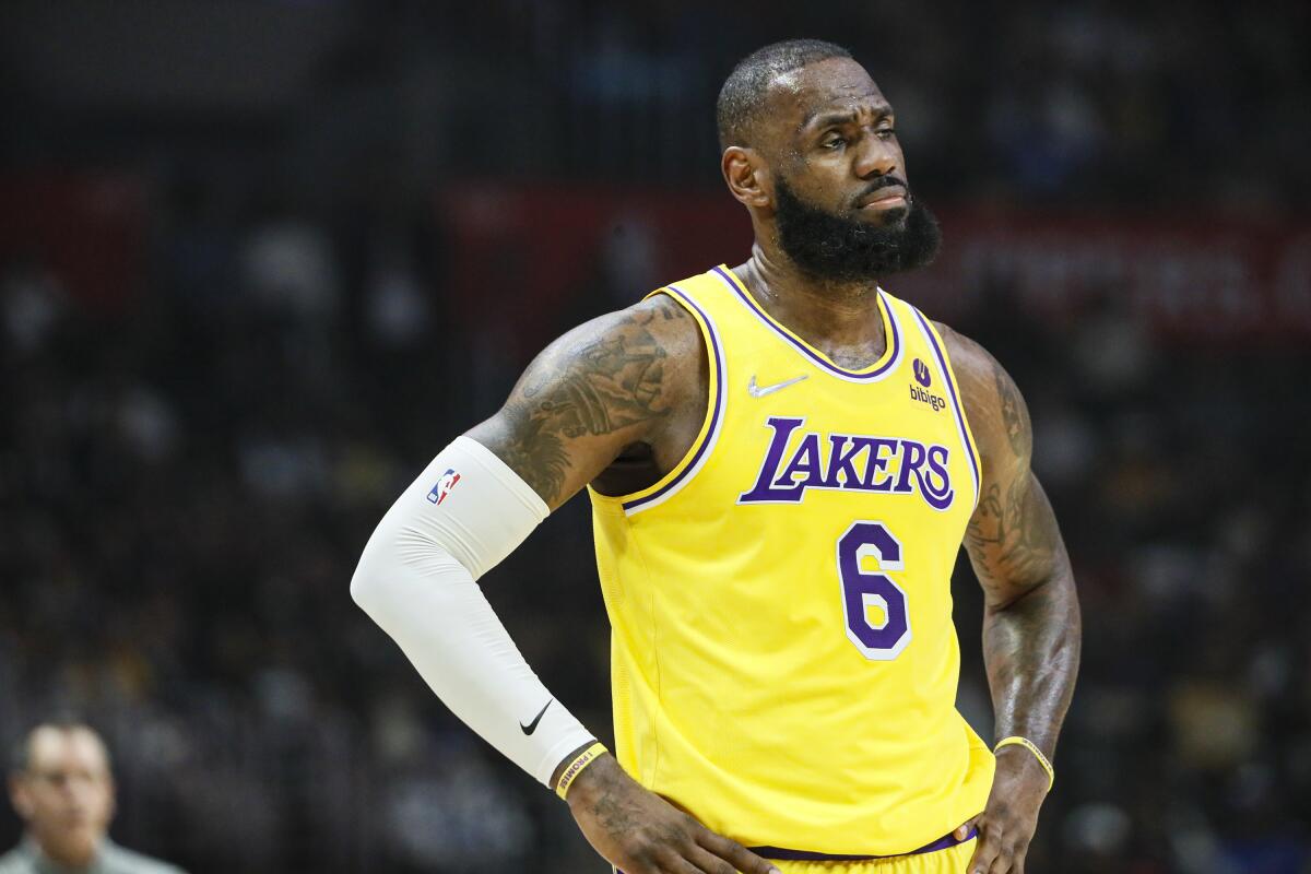 Lakers forward LeBron James during a break in play.