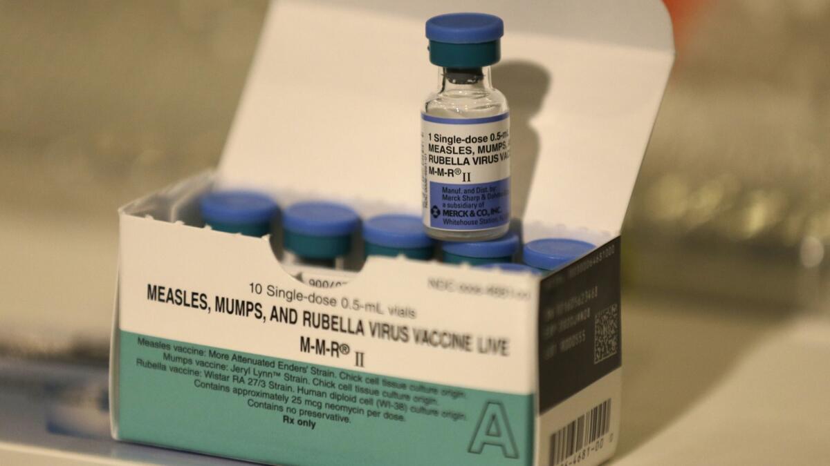 Doses of the measles, mumps and rubella vaccines are seen at the Rockland County Health Department in Pomona, N.Y., on March 27.