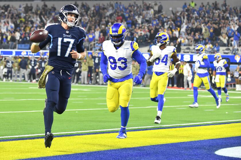Los Angeles, California November 7, 2021: Titans quarterback Ryan Tannehill scores a touchdown.