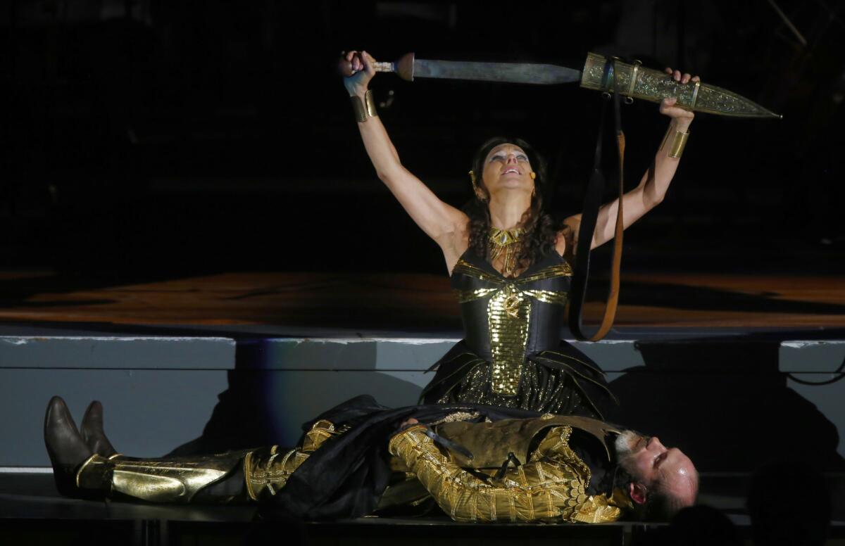 Simon Paisley-Day as Mark Antony and Janie Dee as Cleopatra at the Hollywood Bowl on Aug. 30.