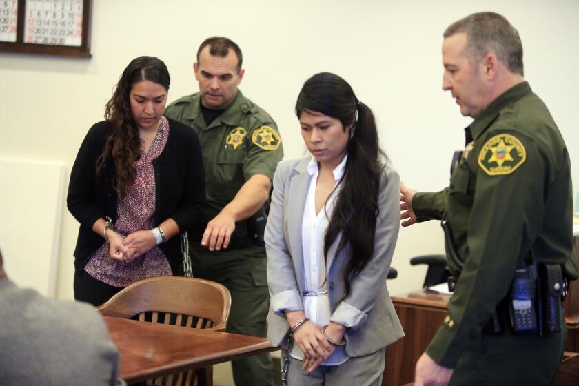 Vanesa Zavala, center, and Candace Brito, left, shown in a Santa Ana courtroom, were each sentenced to six years in prison for the beating death of 23-year-old Kim Pham outside a trendy Santa Ana nightclub.