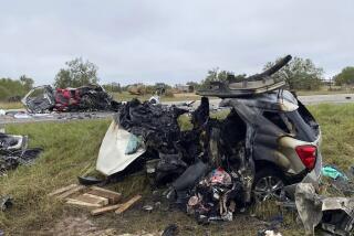 This image provided by the Texas Department of Public Safety, shows mangled vehicles at the scene of crash, Wednesday, Nov. 8, 2023, near Batesville, Texas. Eight people died in a South Texas car crash Wednesday while police chased a driver suspected of smuggling migrants, the Texas Department of Public Safety said. (Texas Department of Public Safety via AP)