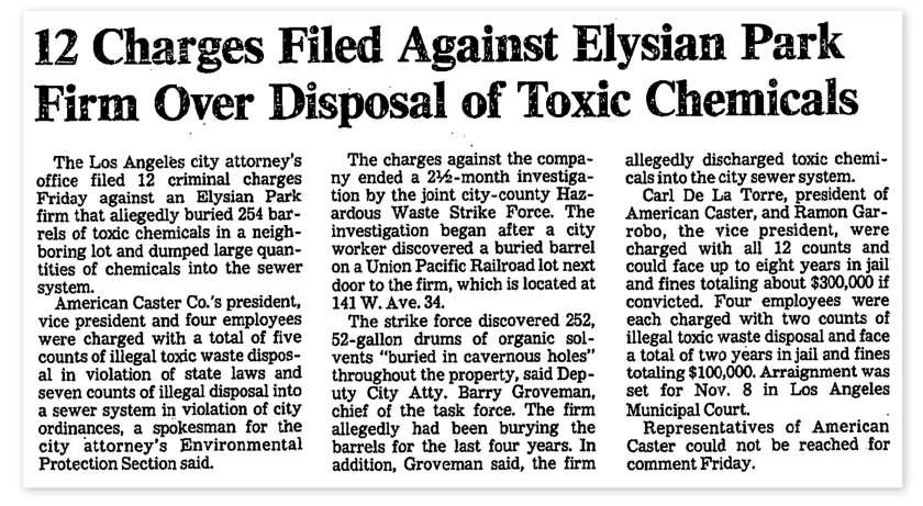 Article from the L.A. Times with the headline: "12 Charges Filed Against Elysian Park Firm Over Disposal of Toxic Chemicals."