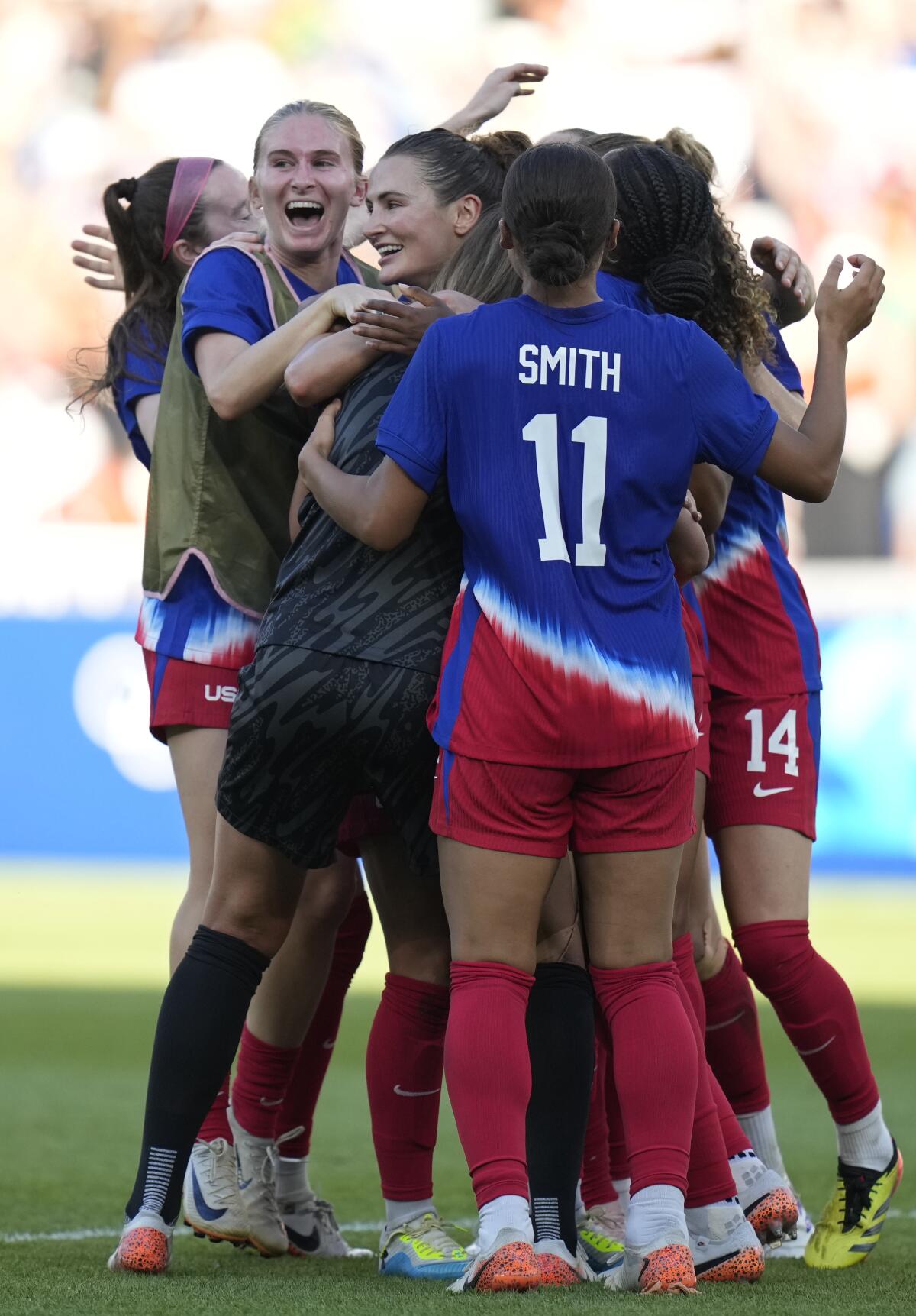 U.S. players celebrate after defeating Brazil during the women's soccer gold-medal match during the Paris Olympics