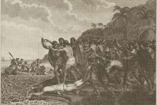 An engraving of the scene of James Cook's killing