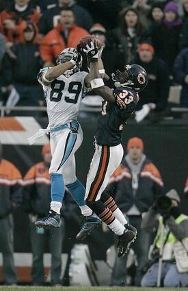 HIGH WIRE ACT: The Bears' Charles Tillman tries to wrestle the ball away from the panthers Steve Smith.