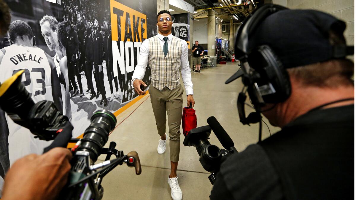 Russell Westbrook arrives for Game 6 of the first-round playoff series against Utah.