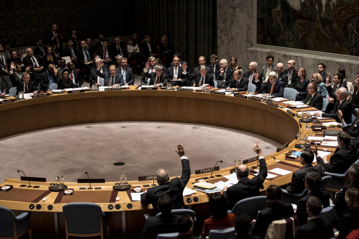 The United Nations Security Council works toward a resolution on the Syrian crisis at its headquarters in New York. Secretary of State John F. Kerry called the resolution a "milestone."