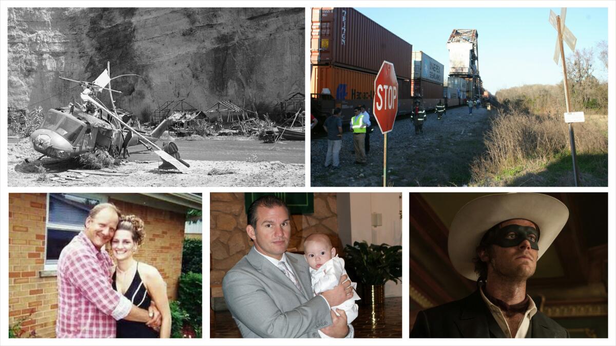 Top, from left: The helicopter that crashed on the set of 1982's "Twilight Zone: The Movie"; the set of "Midnight Rider"; bottom left: Michael Huber, who was killed while dismantling a set; Michael Donatelli, who was killed in a helicopter crash in Acton; a still from the movie "Lone Ranger."