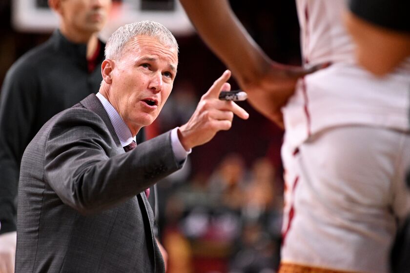 Los Angeles, California November 15, 2022-USC head coach Andy Enfield during a recent game at the Galen Center in Los Angeles. (Wally Skalij/Los Angeles Times)