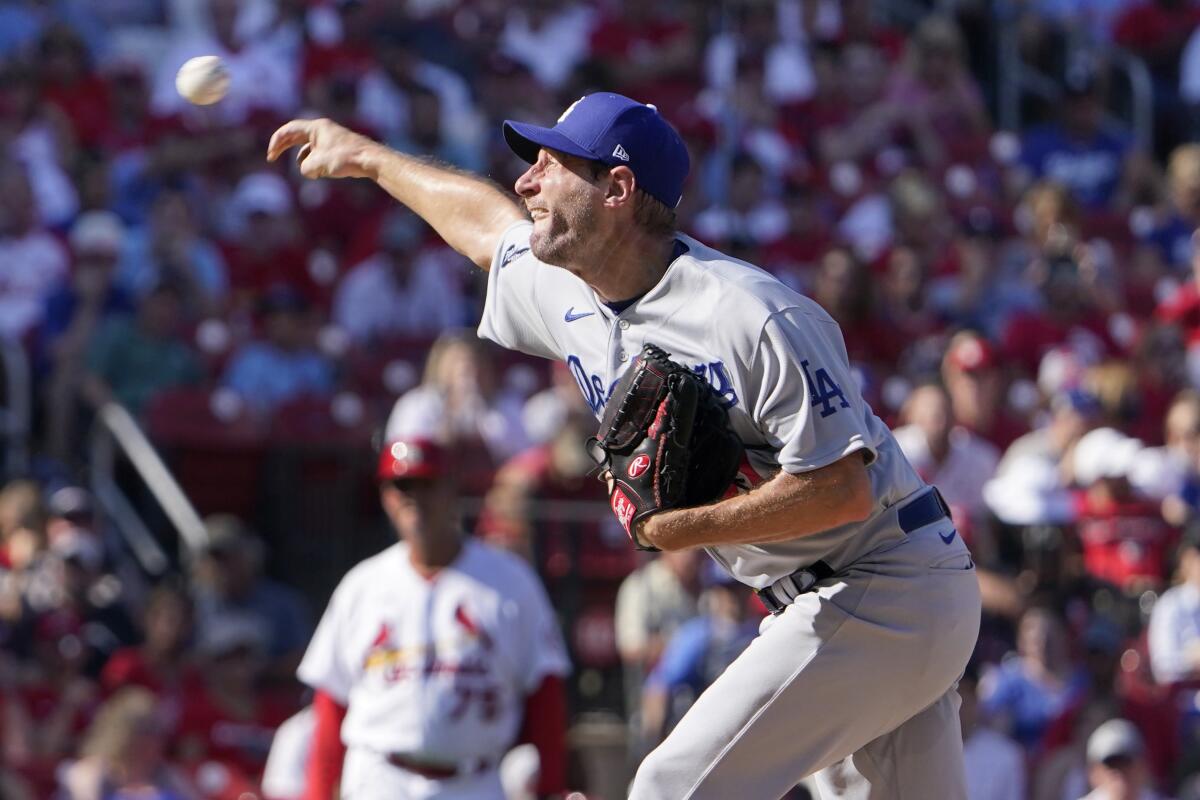 Los Angeles Dodgers starting pitcher Max Scherzer throws during the third inning of a baseball game against the St. Louis Cardinals Monday, Sept. 6, 2021, in St. Louis. (AP Photo/Jeff Roberson)