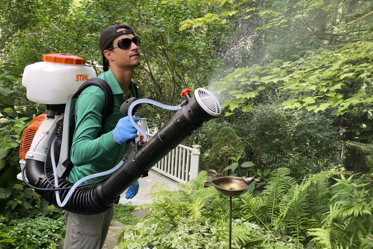 Mosquito Joe lead technician Damien Ysasi sprays a mixture of essential oil insecticides in a yard in Cascade Township near Grand Rapids, Mich., on July 20, 2022. As climate change widens the insect's range and lengthens its prime season, more Americans are resorting to the booming industry of professional extermination. But the chemical bombardment worries scientists who fear over-use of pesticides is harming pollinators and worsening a growing threat to birds that eat insects. (AP Photo/John Flesher)