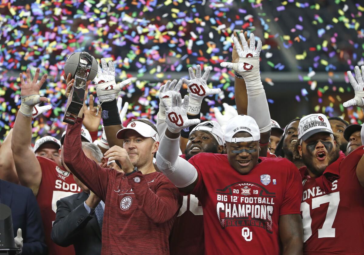 Oklahoma coach Lincoln Riley celebrates the Sooners' Big 12 championship victory over Baylor on Dec. 7.