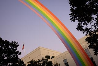 Culver City, CA - November 02: A giant rainbow structure, at dusk, on the Sony Pictures Studios lot, in Culver City, CA, Thursday, Nov. 2, 2023. (Jay L. Clendenin / Los Angeles Times)