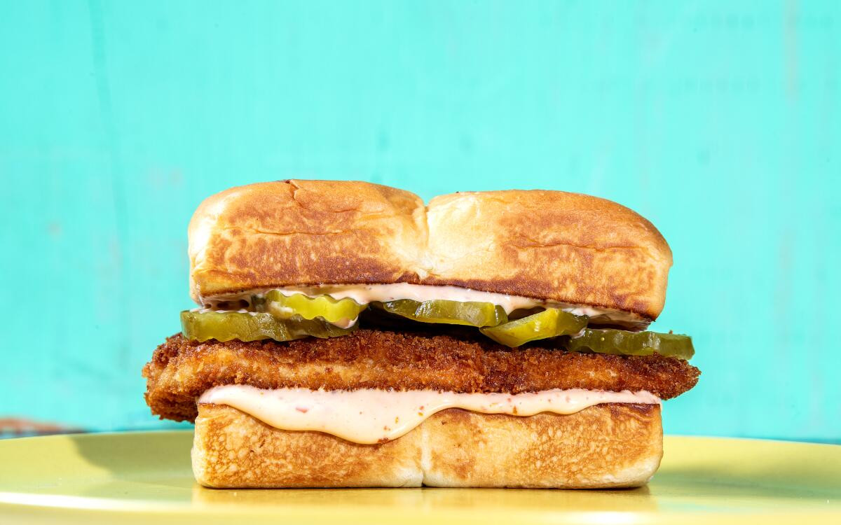 Fried Chicken Sandwich. Prop styling by Rebecca Buenik. (Mariah Tauger / Los Angeles Times)