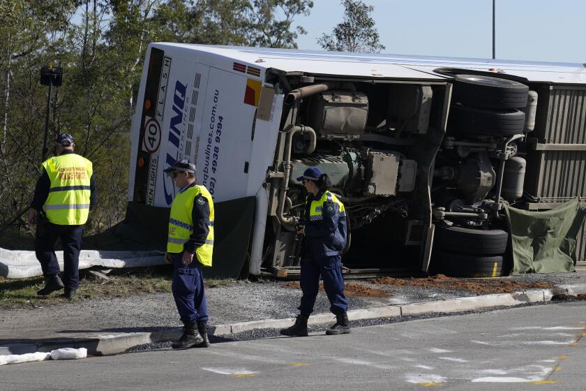 Police inspect a bus in its side near the town of Greta following a crash in the Hunter Valley, north of Sydney, Australia, Monday, June 12, 2023. The bus carrying wedding guests rolled over on a foggy night in Australia's wine country, killing and injuring multiple people, police said. (AP Photo/Mark Baker)