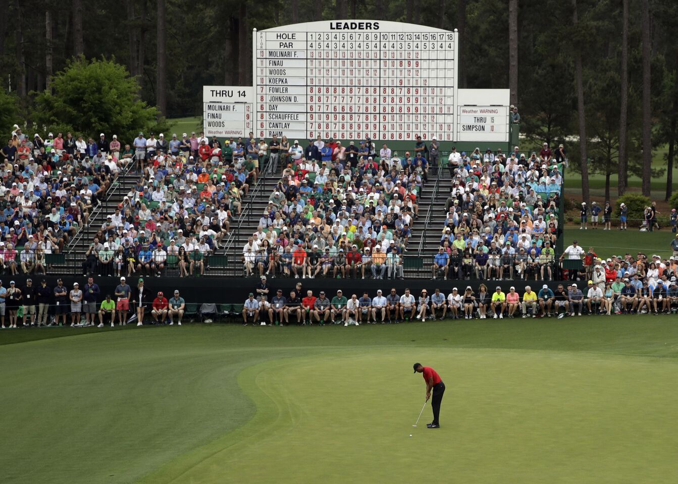 Tiger Woods putts on the 15th hole during the final round for the Masters golf tournament Sunday in Augusta, Ga.