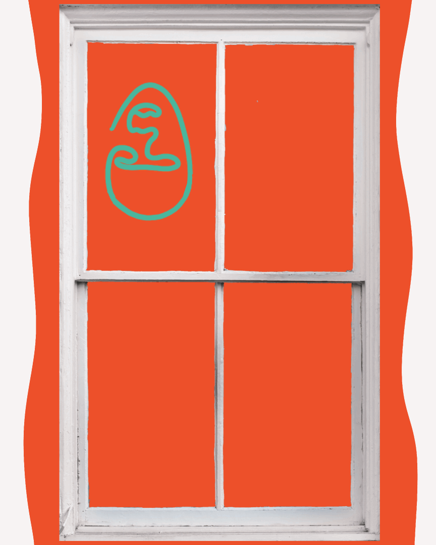 Window with faces popping up behind window panels
