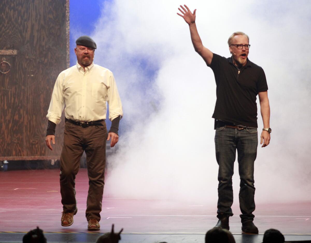 Jamie Hyneman, left, and Adam Savage at L.A.'s Nokia Theatre in January 2012 on the road with their live show "Mythbusters: Behind the Myths."